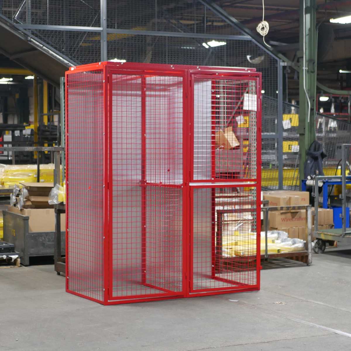 red wire mesh locker with doors closed