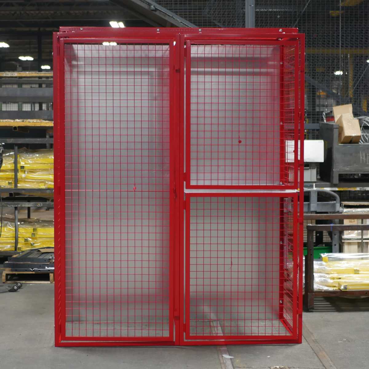 red wire mesh locker with solid back panels